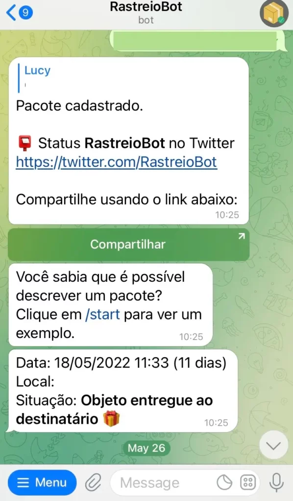 Rastreio dos correios por telegram